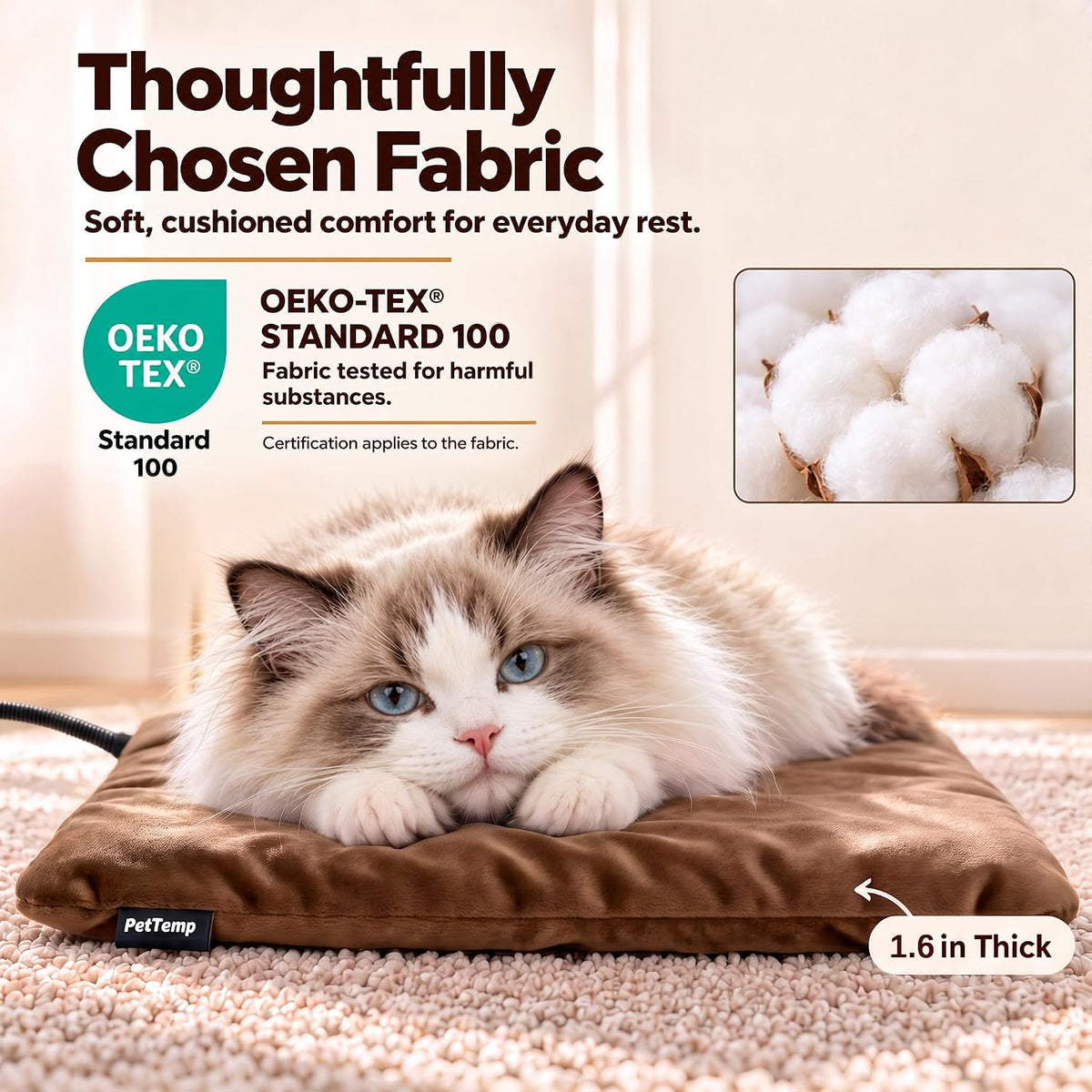 Cat Heating Pad, Heated Cat Bed, MET Safety Listed, Constant Warmth, Brown