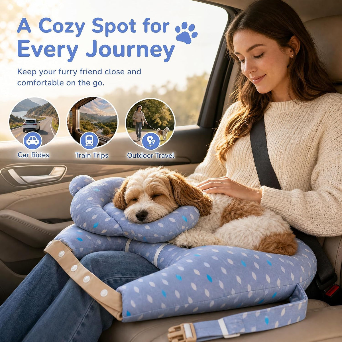Soft Pet Travel Lap Pillow, U-Shaped Dog Car Seat Bed with Cute Bear Headrest, Portable Puppy Carrier Cushion for Train 