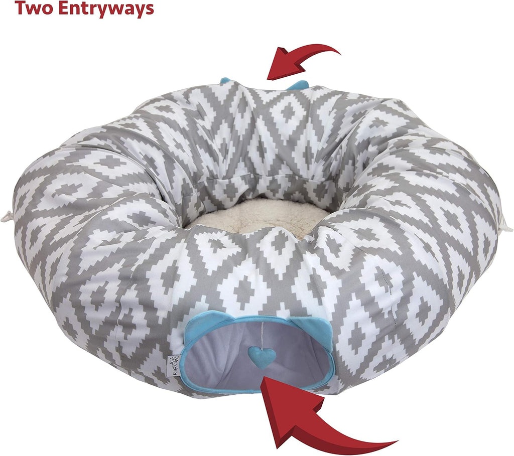 Kitty City Large Cat Tunnel Bed, 2-in-1 Zip-Together Cat Play Tunnel & Plush Nap Bed, Pop-Up Indoor Cat Toy with Hanging