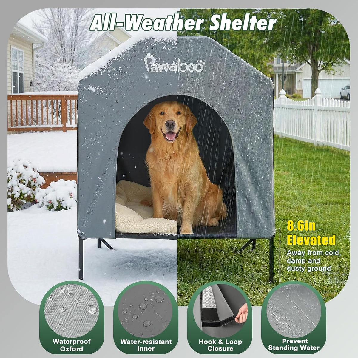 Pawaboo 47" XL Dog House Outdoor Weatherproof, with Breathable Mesh Windows