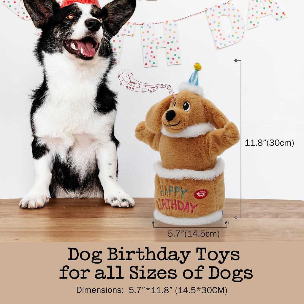 Fuzzwoof Dog Birthday Cake, Interactive Singing & Dancing Dog Birthday Toy with Birthday Song, Plush Musical Puppy Toy f