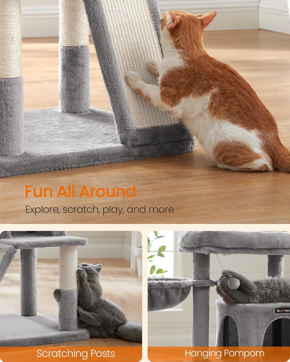 Feandrea Cat Tree, 37.8-Inch Tall Cat Tower, Multi-Level Condo, Light Gray