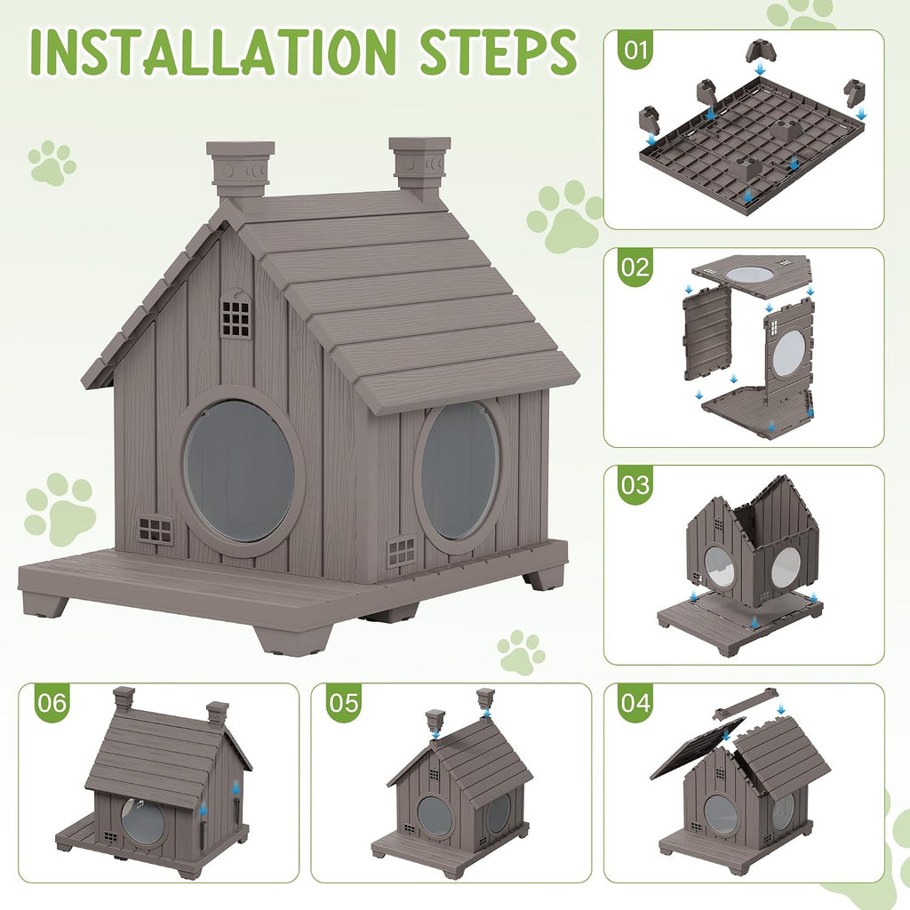Outdoor Cat House Weatherproof, Durable Resin Cat Houses for Outdoor Indoor Cats, Litter Box Enclosure with Elevated Bas