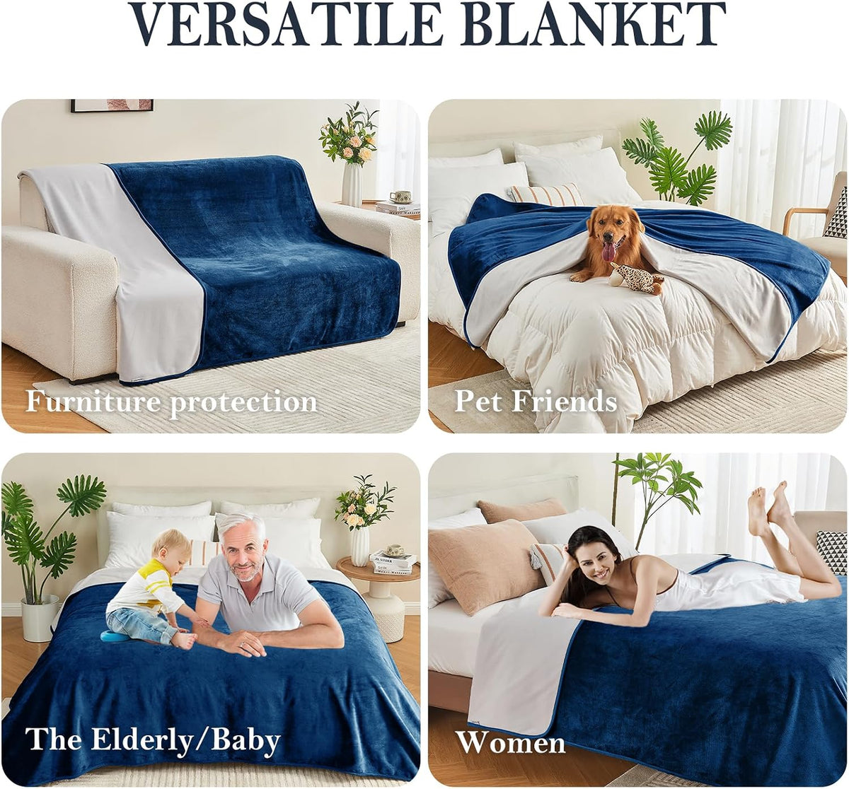 Waterproof Blanket Bed Cover 60"x80" for Adults or Pets, Navy Blue