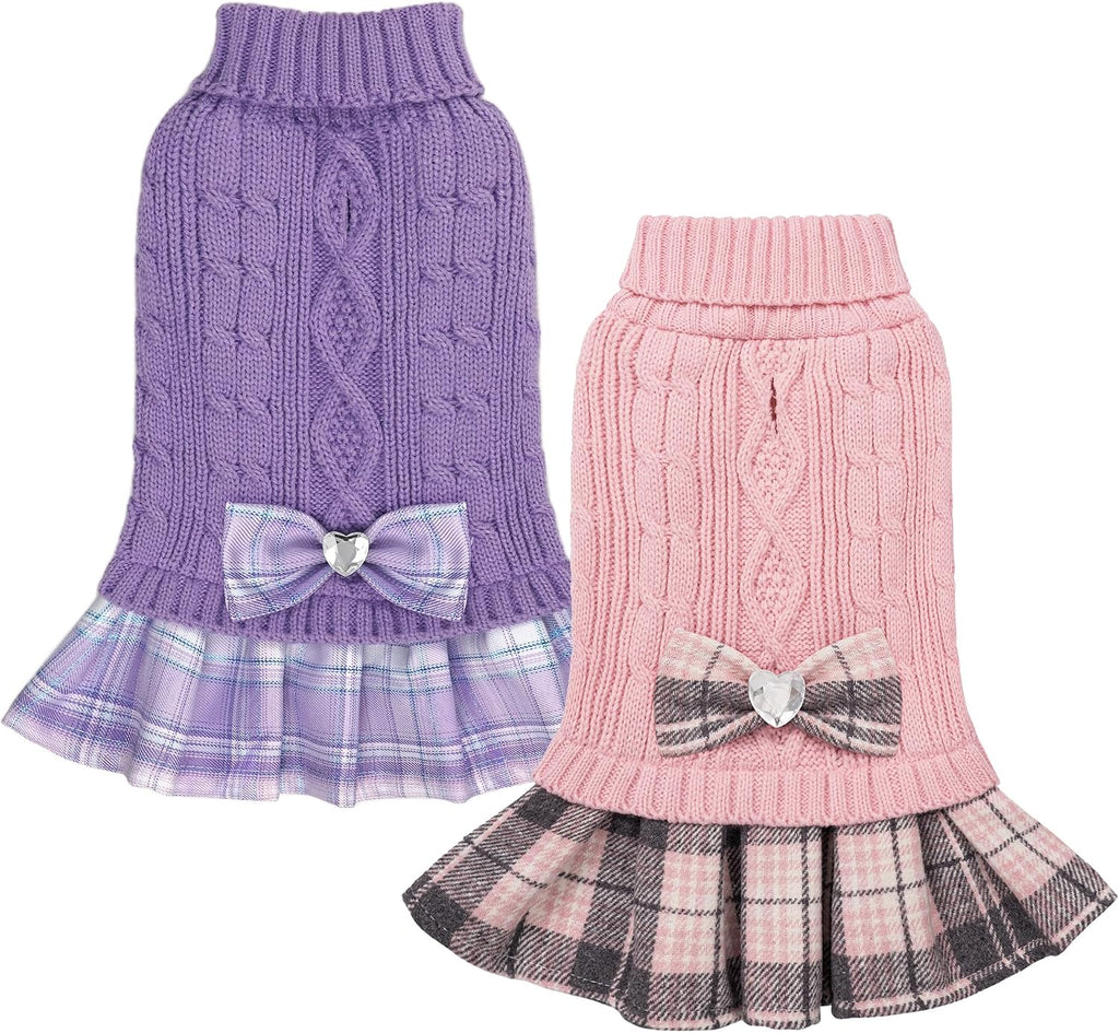 Small Dog Sweater Dress with Bowtie Turtleneck - Knitted Pet Clothes