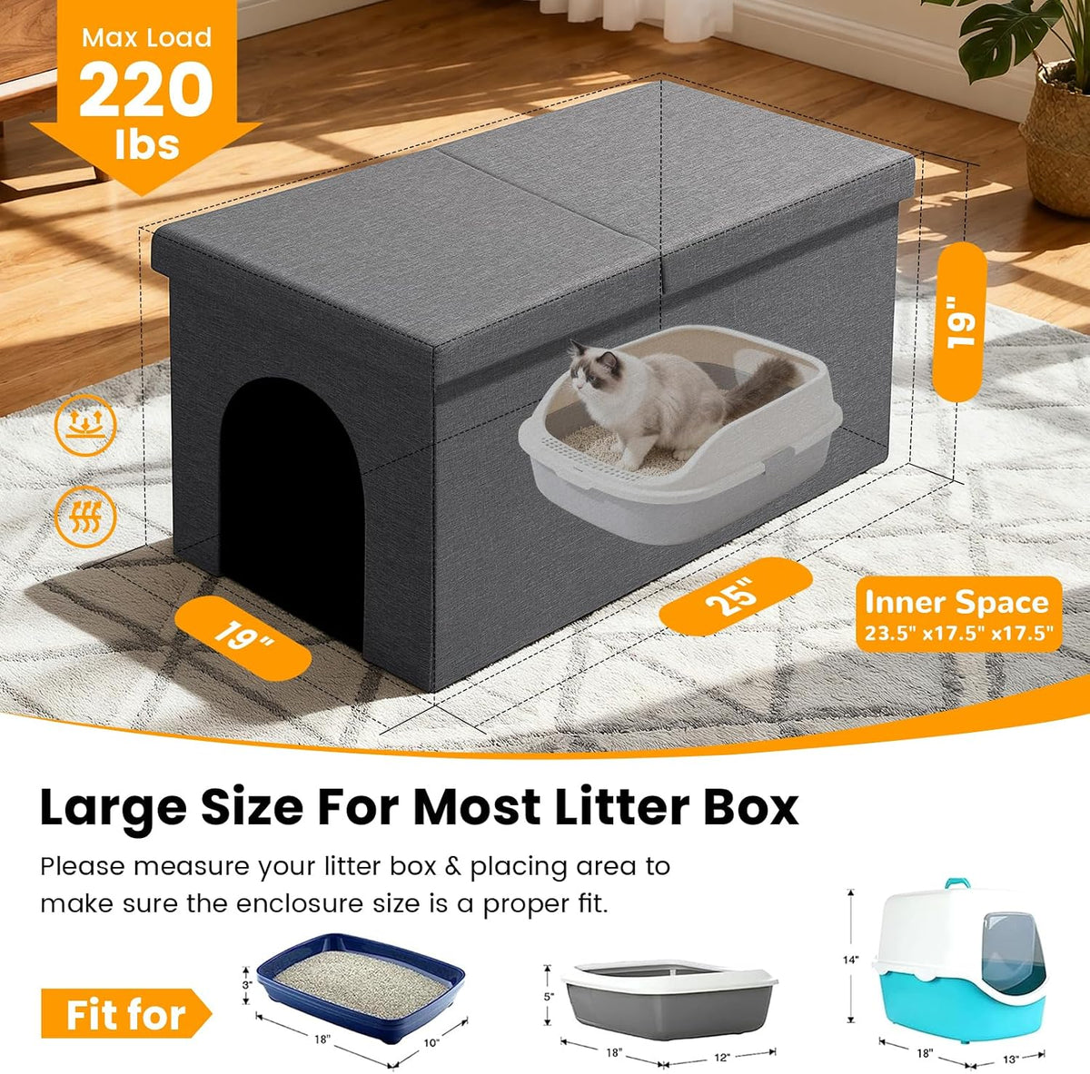3-in-1 Cat Litter Box Enclosure Furniture, Dark Grey