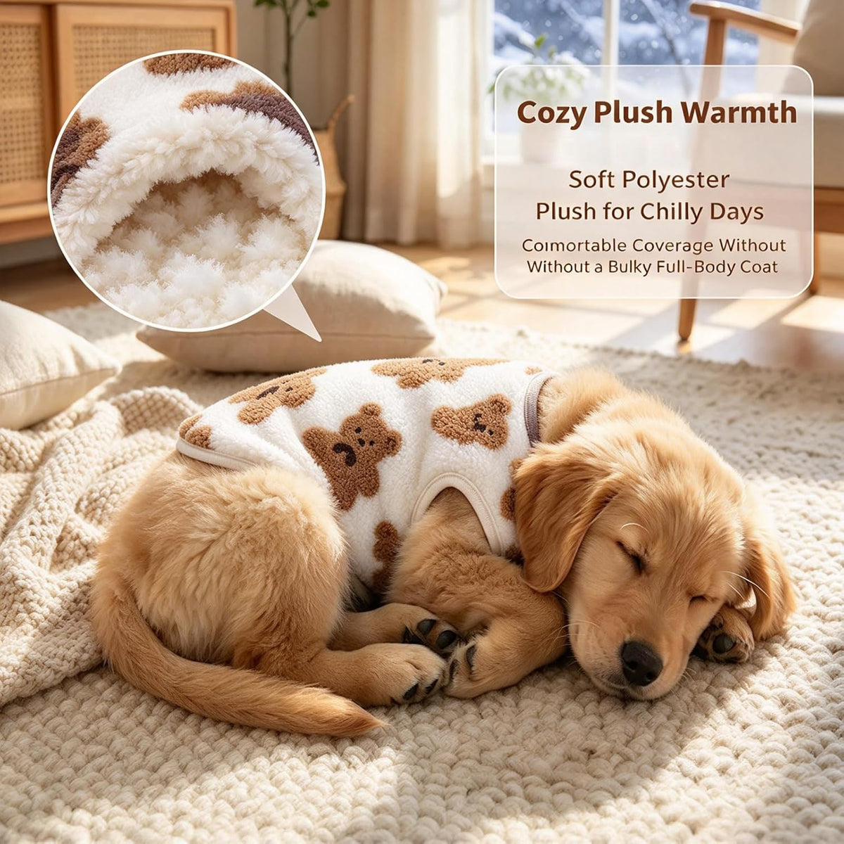 Cute Plush-Lined Pet Vest, Plush Bear Print Dog Vest (White,L)