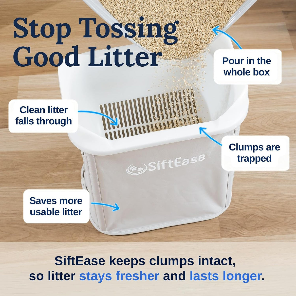 SiftEase Cat Litter Sifter with Bin, Fast Scoop-Free Litter Box Cleaning