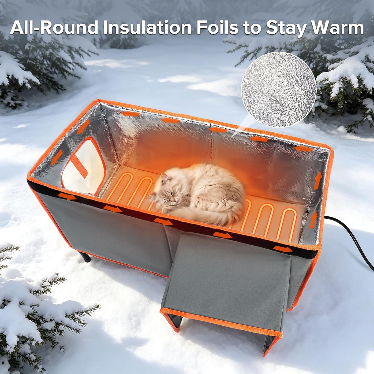 Heated Cat House for Outside in Winter, Weatherproof Outdoor Cat House with Cat Heating Pad, Waterproof &Safe Escape Doo