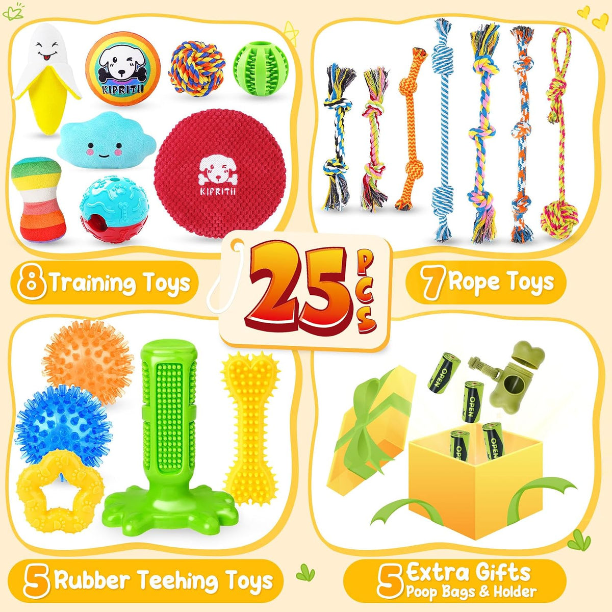 KIPRITII 25 Pack Various Dog/Puppy Toys Set for Small & Medium Dogs