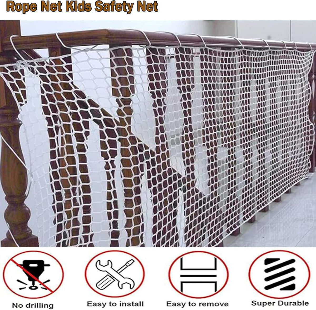 Heavy‑Duty White Safety Rope Net, Knotted Protective Barrier Net, Weather Resistant, for Boat Railings, Deck, Patio, Bal
