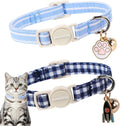LIONET PAWS 2 Pack Breakaway Cat Collars, Cute Soft Cotton Plaid Gingham & Blue Stripe Kitten Collars with Bell for Boy 