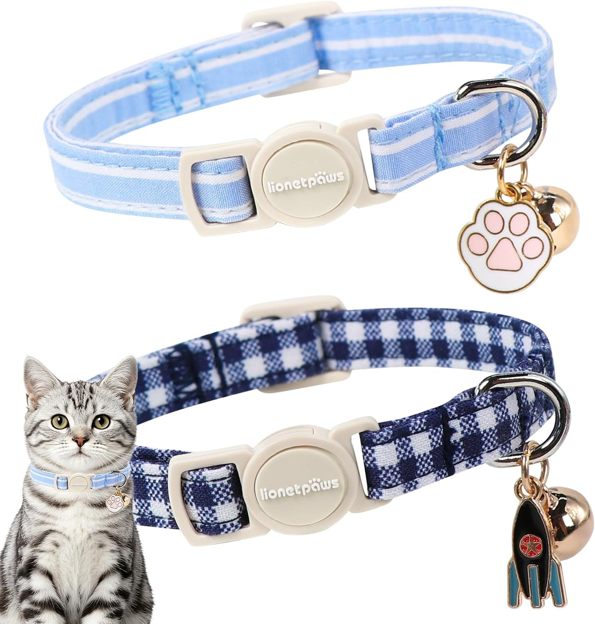 LIONET PAWS 2 Pack Breakaway Cat Collars, Cute Soft Cotton Plaid Gingham & Blue Stripe Kitten Collars with Bell for Boy 