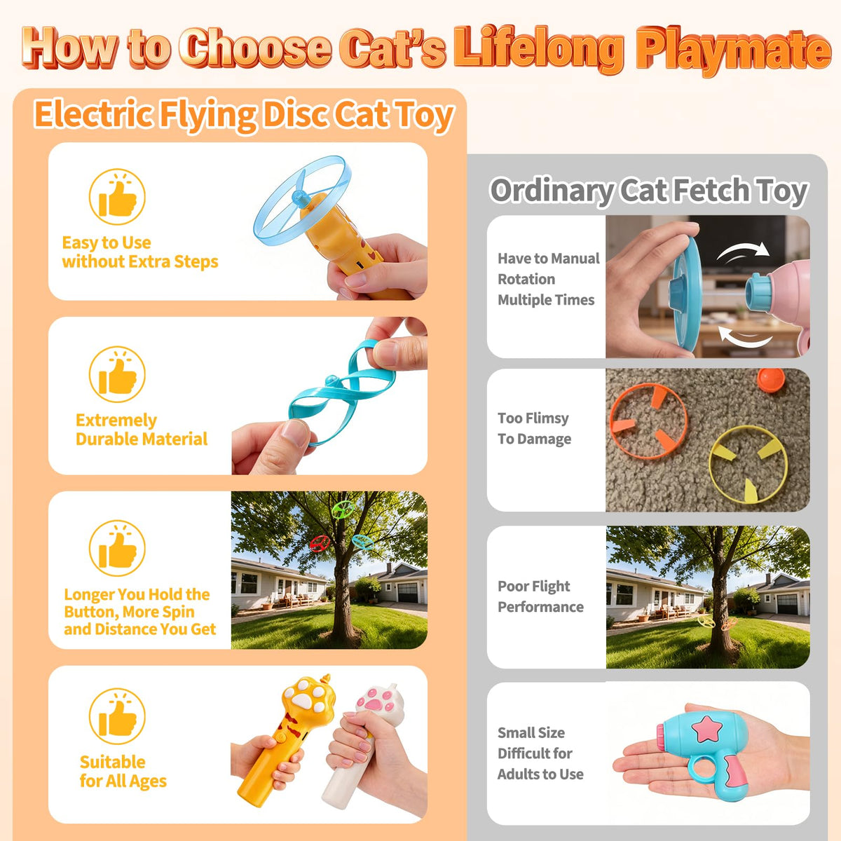 BABORUI Cat Toy Disc Launcher, Rechargeable Interactive Cat Fetch Toy Launcher with 8 Flying Discs, Flying Enrichment Toys for Indoor Bored Kittens & Adult Cats (Yellow)