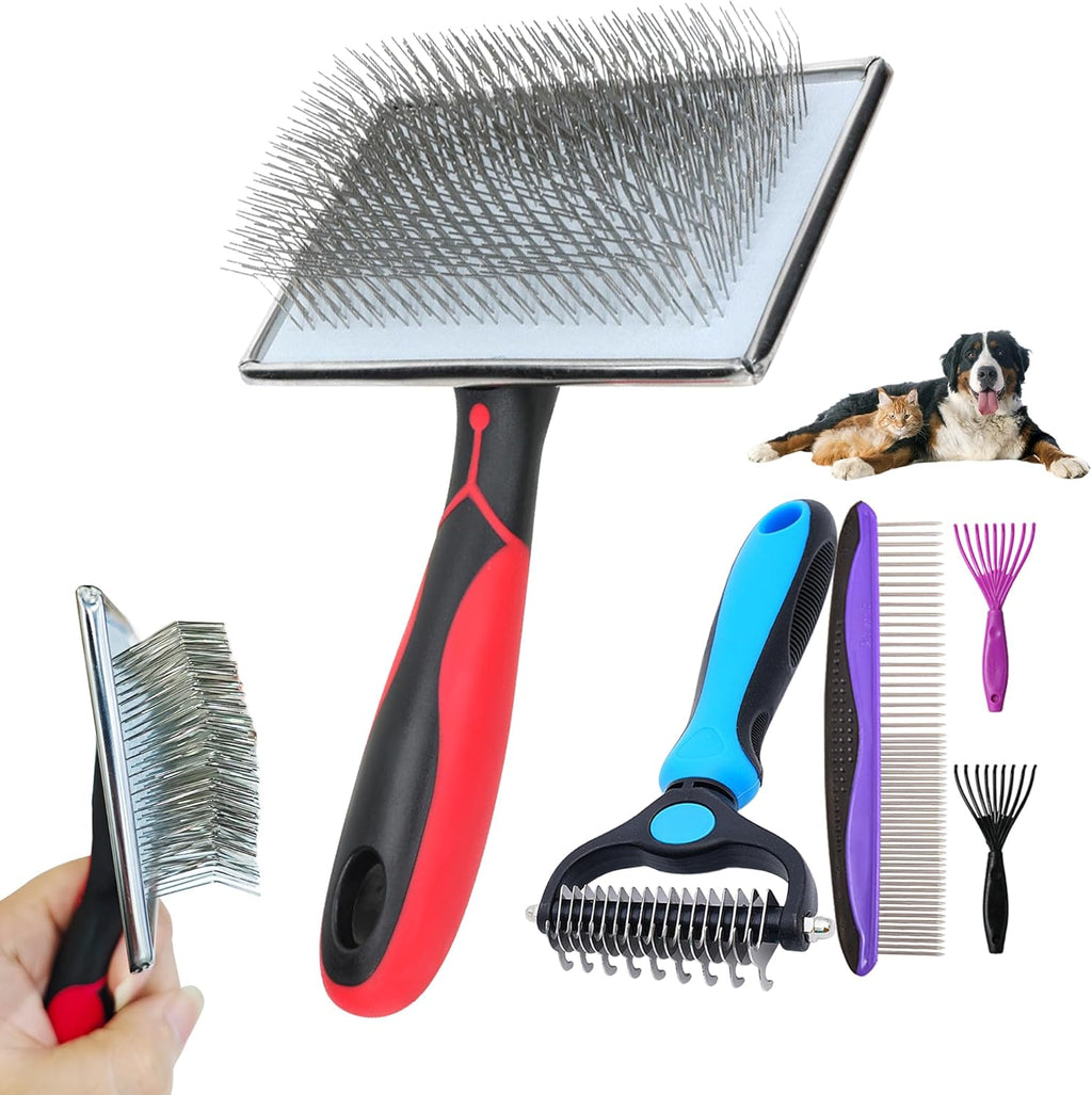 5-in-1 Dog & Cat Extra Long Pin Grooming Kit Slicker Brush for Large Dogs Cats Remove Loose Fur, Undercoat Brush for She