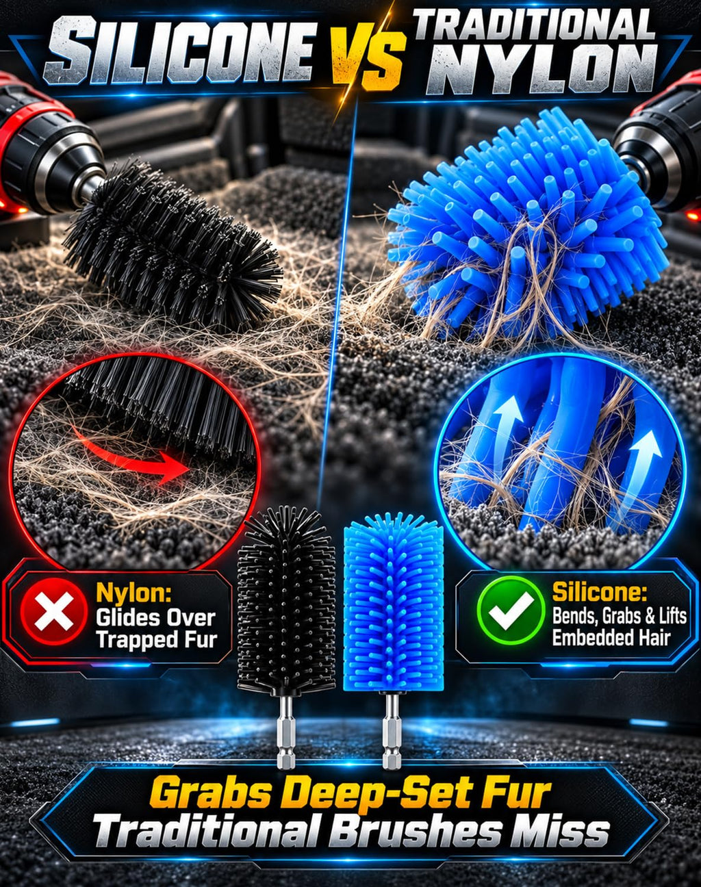 Silicone Drill Brush Pet Hair Removal with Hex Adapters，1 Set