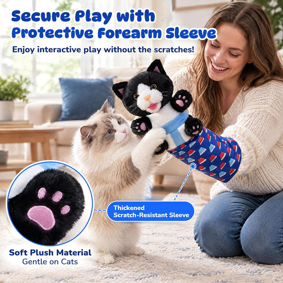 Cat Wrestling Glove, Bite-Resistant Plush Cat Hand Puppet with Protective Forearm Sleeve, Interactive Cat Toy for Bored 