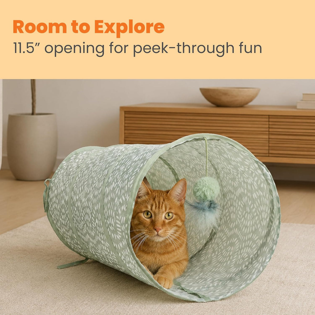 Catstages Sneak & Seek Collapsible Cat Tunnel Toy, Sage Swirl Dots, 28”