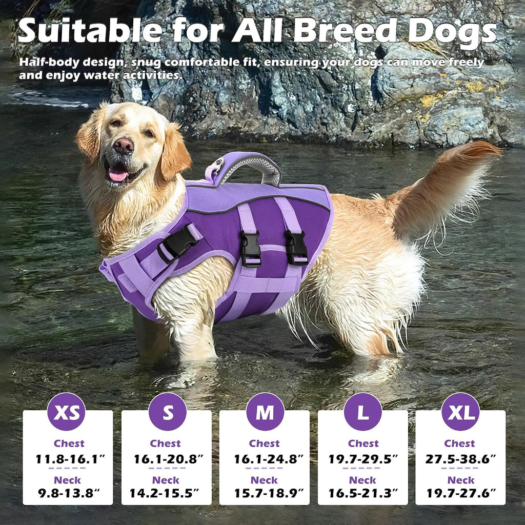 Dog Life Jacket with Handle Adjustable Swim vest, Purple, M