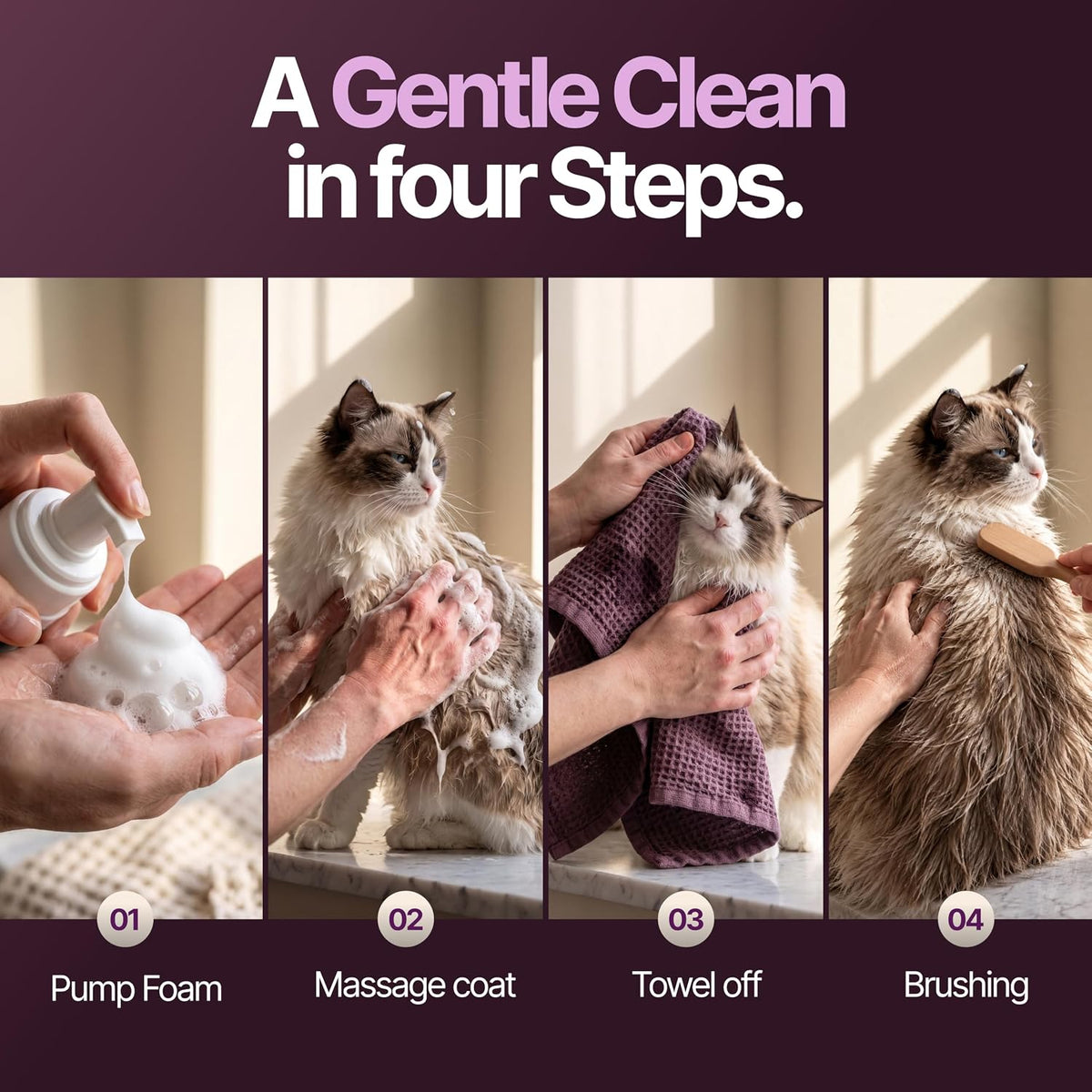 Kenchii Waterless Cat Shampoo - No Rinse Cleansing Foam, Gentle & Lick-Safe