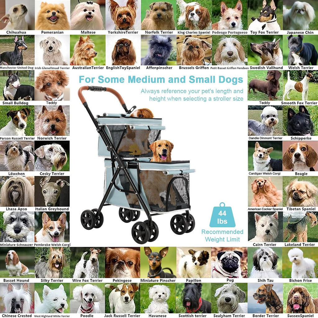 Double Pet Stroller for 2 Dogs & Cats, Double-Decker, Blue