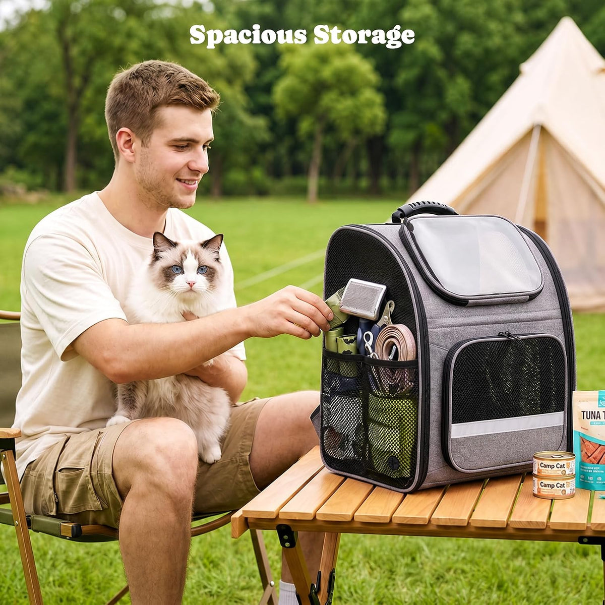 Cat Backpack Carrier with Play Tunnel, Design for Carrying Playing