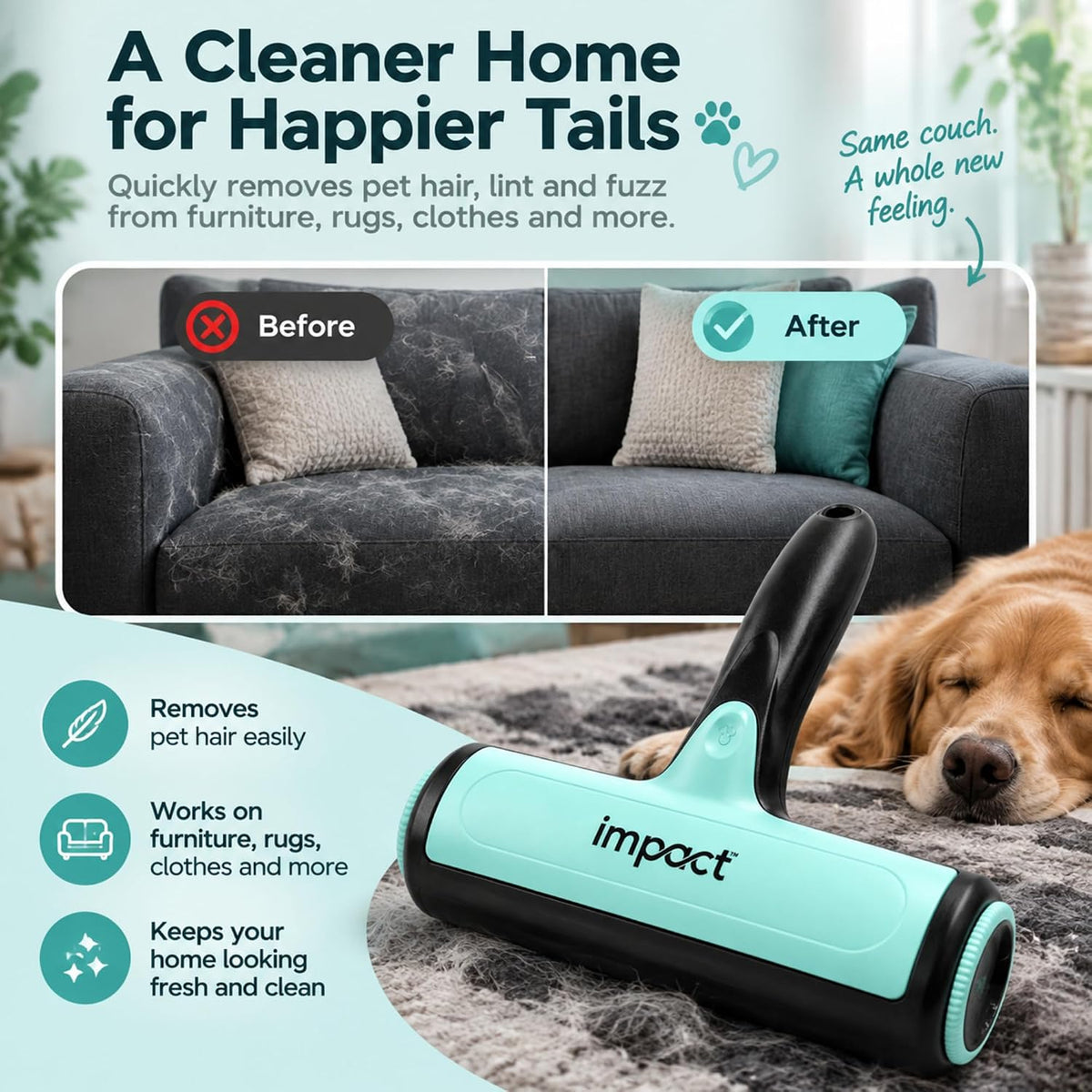 IMPACT Pet Hair Remover Roller, Reusable Lint Roller for Dog & Cat Fur, Car