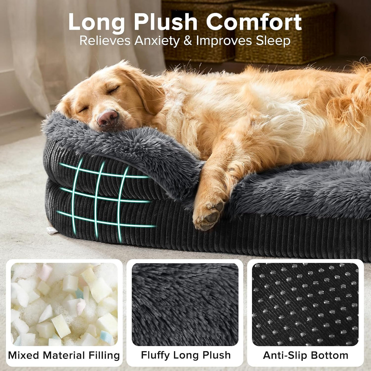 Fluffy Orthopedic Dog Beds Large Sized Dog, XL Egg-Crate Foam Bolster Sofa Bed with Washable Removable Waterproof Cover,