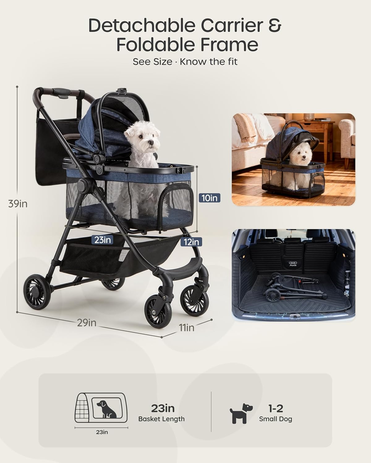 Pet Stroller for Small Dogs & Cats, Foldable with Detachable Carrier
