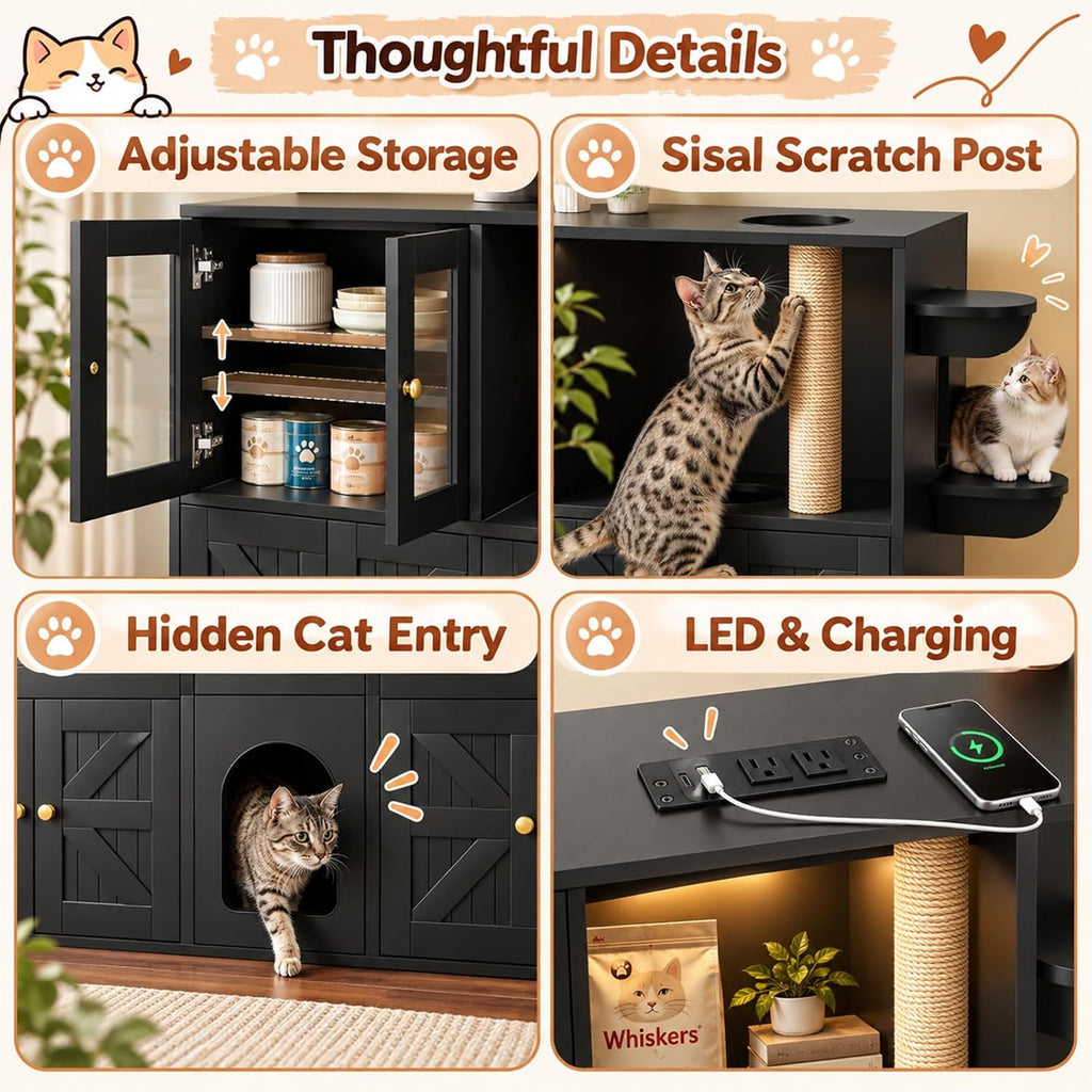 74" Double Cat Litter Box Furniture with Storage, Black