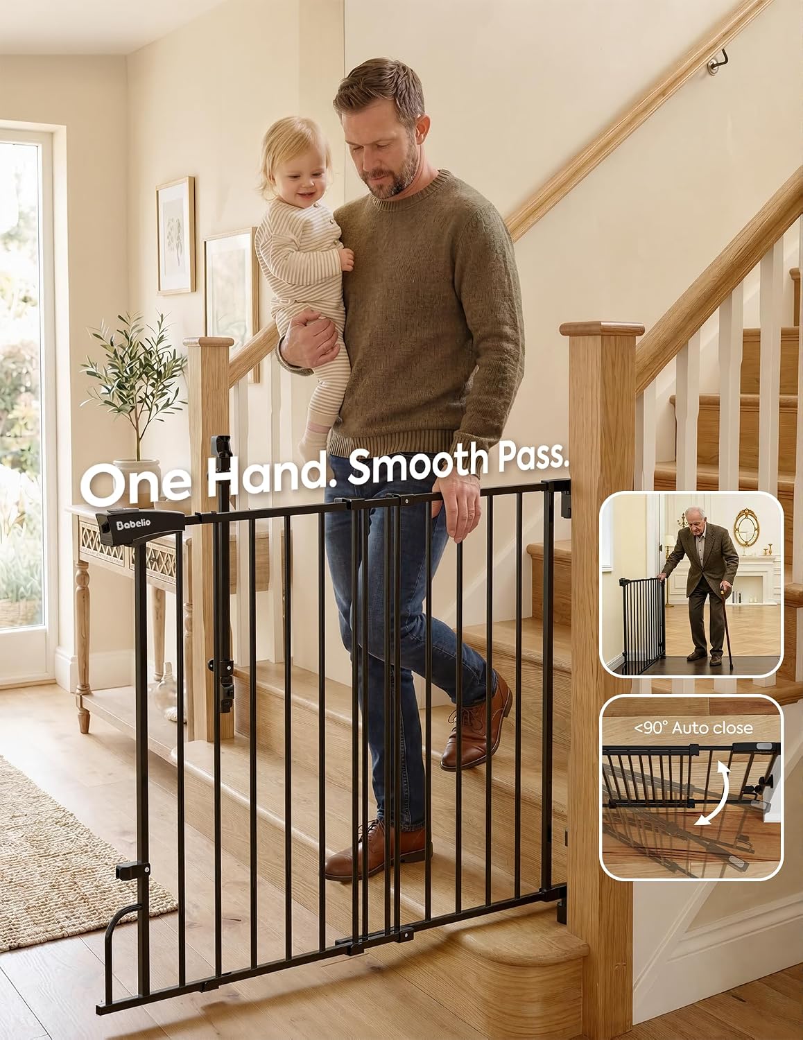 Babelio Removable Baby Gate for Stairs No Bottom Bar, 29-43", 30" H, Black