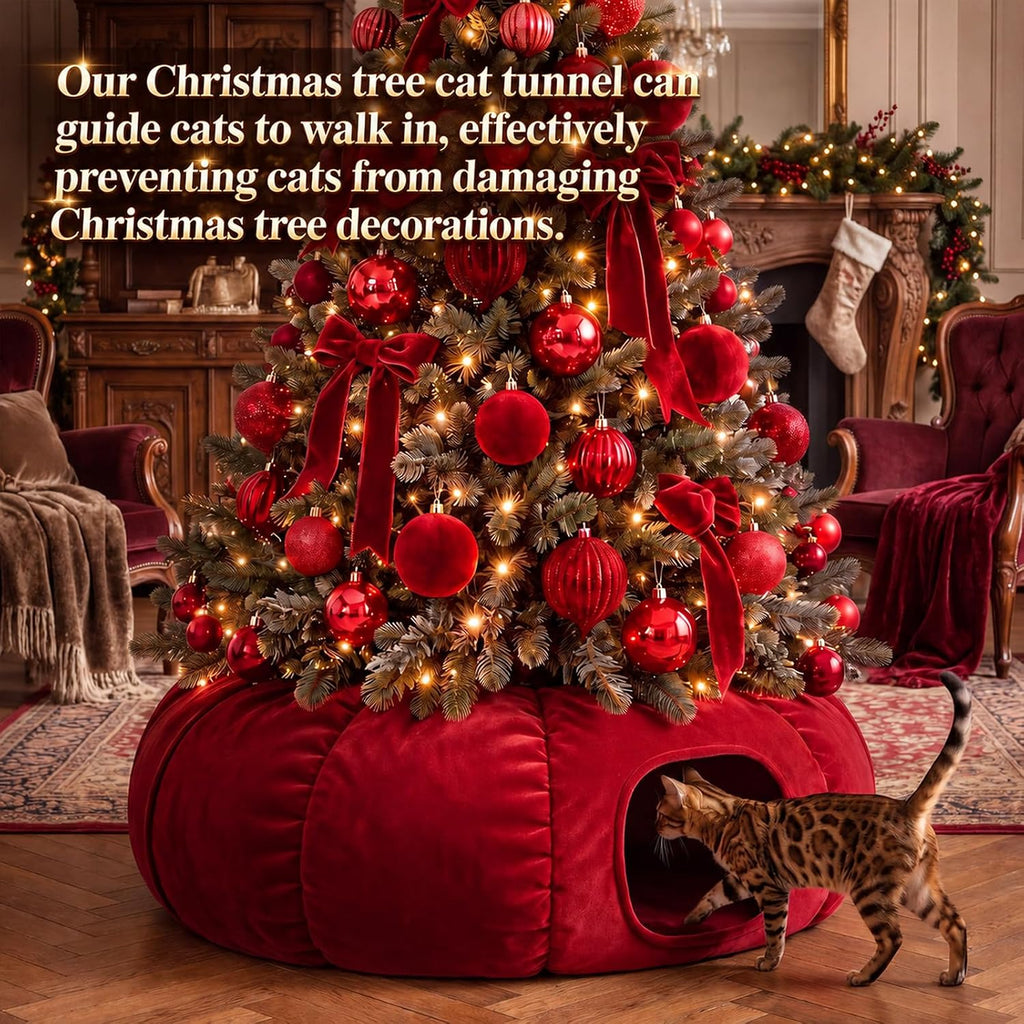 Christmas Tree Cat Tunnel 36in Donut Bed, Red, Velvet, Fluffy