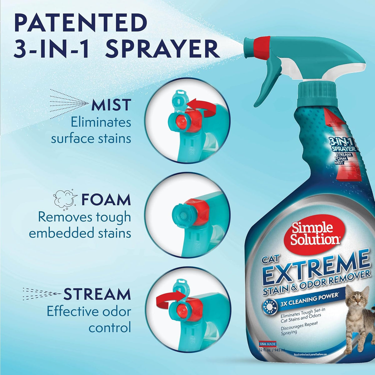 Simple Solution Extreme Cat Stain Remover, Cat Spray Odor Eliminator, 32oz