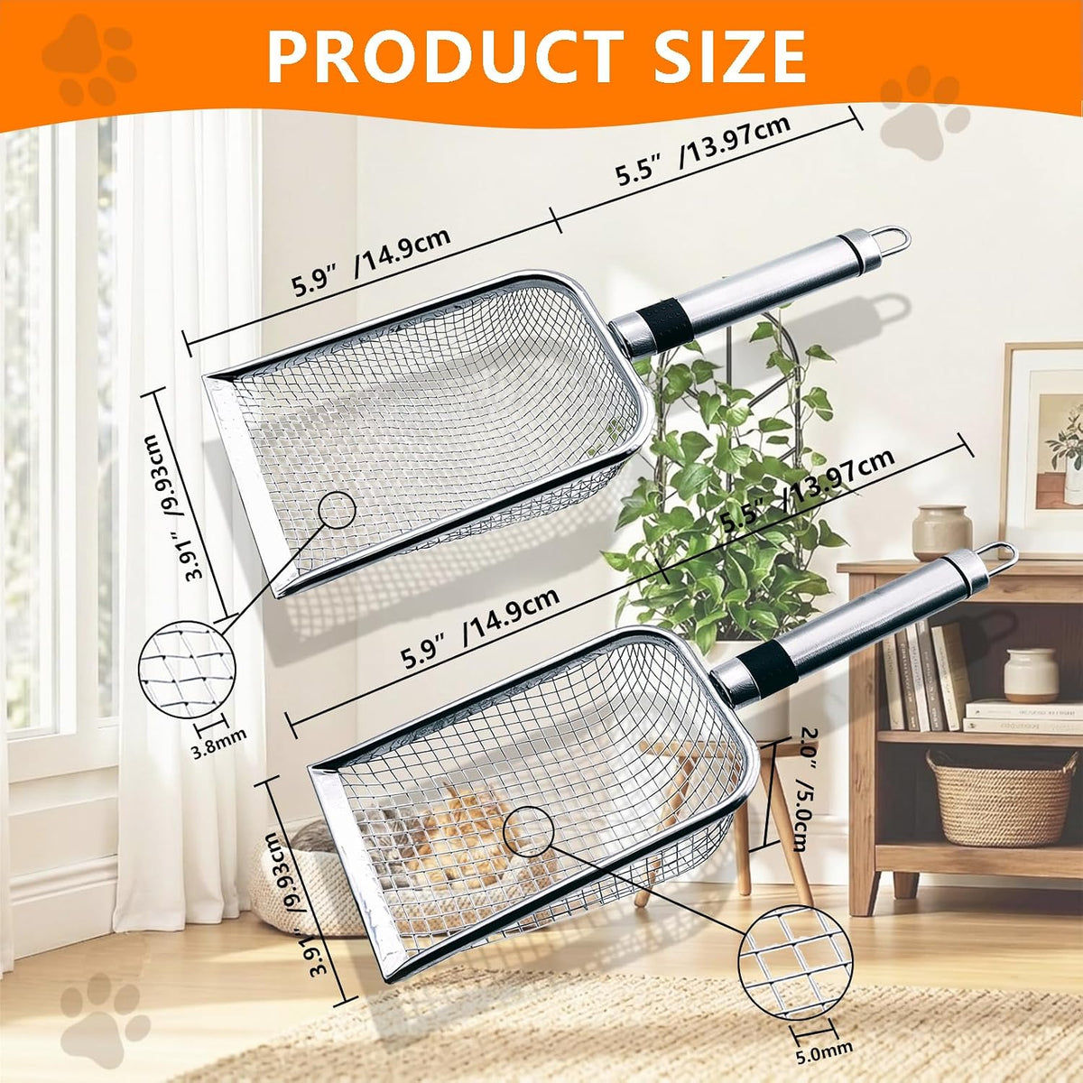 Cat Litter Scoop 2 Pack, Stainless Steel Handle, 3.8mm & 5mm Mesh Sifter