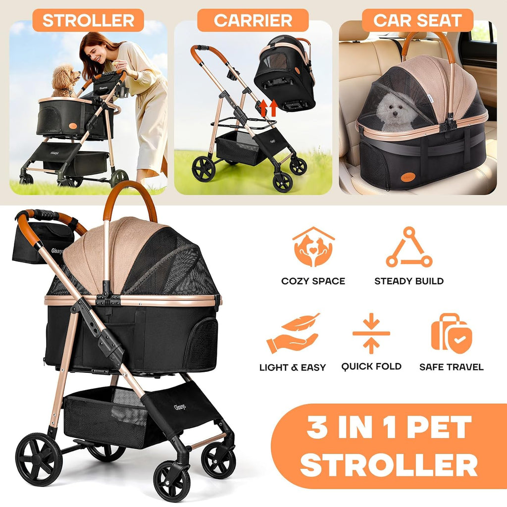 Dog Cat Stroller for Small/Medium Pets, 50 lbs, 3-in-1 Pet Stroller, Khaki