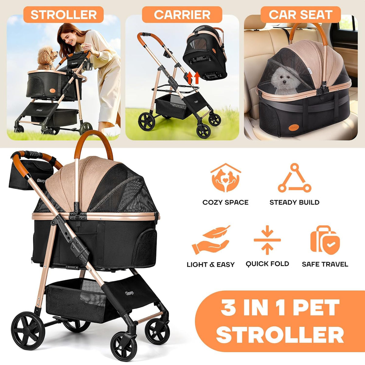 Dog Cat Stroller for Small/Medium Pets, 50 lbs, 3-in-1 Pet Stroller, Khaki