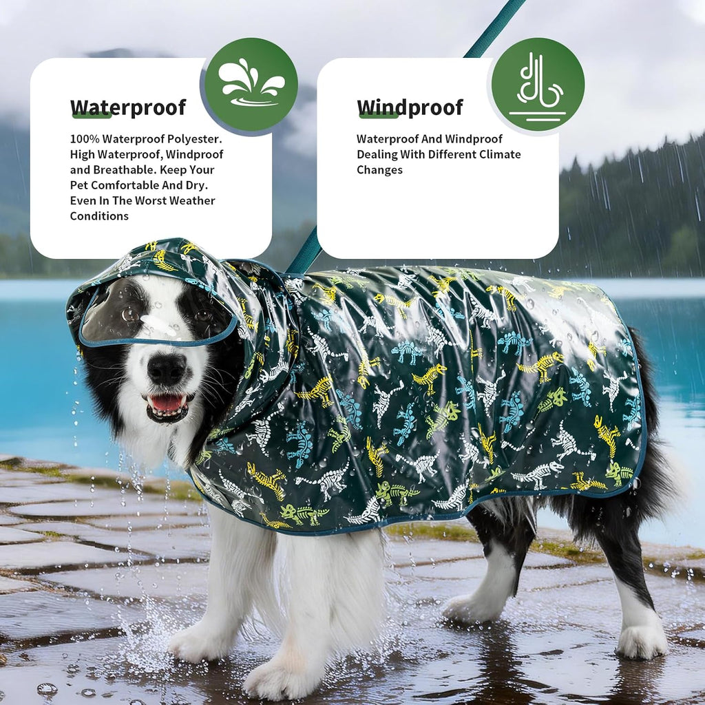 Dog Raincoat,Dog Rain Jacket Poncho with Hood and Leash Hole(Dinosaur,L)