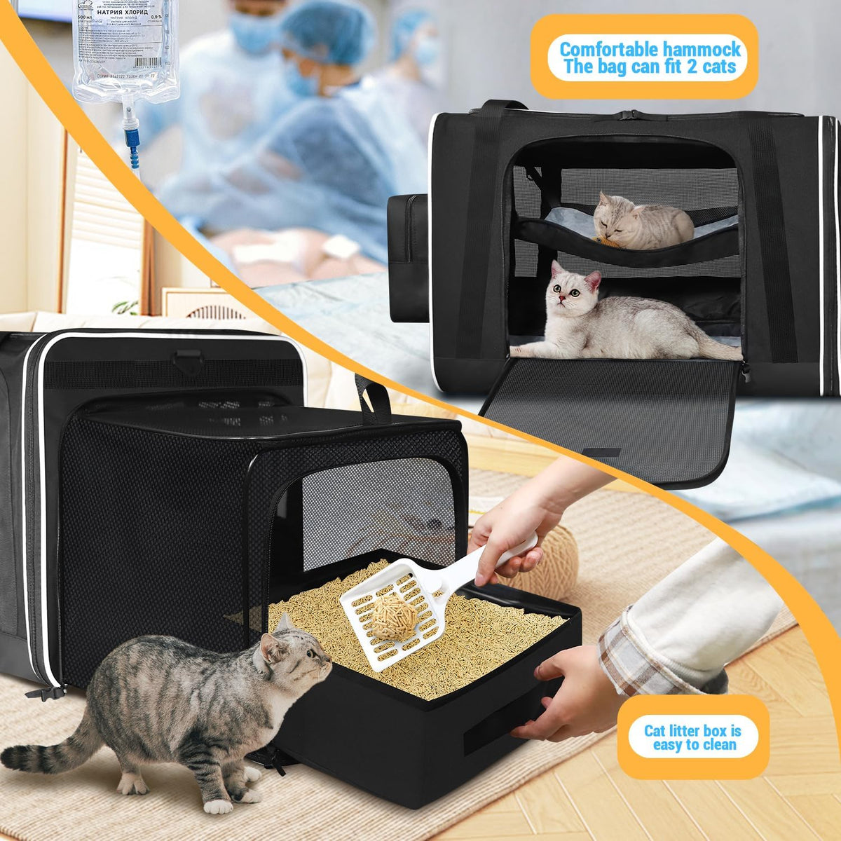 Side Expandable Extra Large Soft Cat Carrier with Litter Box, Black