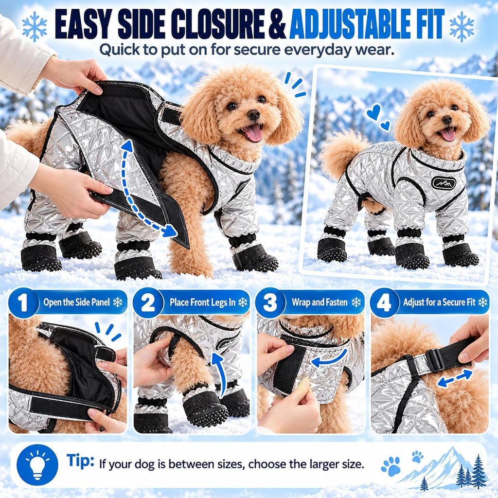 Dog Snowsuit with Attached Boots, Waterproof Winter Full Body Coat，Grey：S