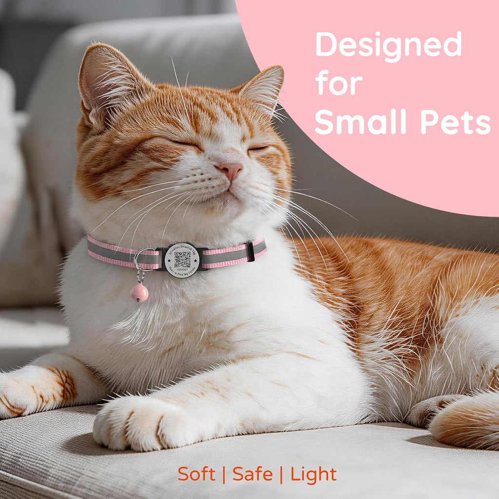 Cat Collar Breakaway QR Code, Reflective cat Collar with Bells, Pink