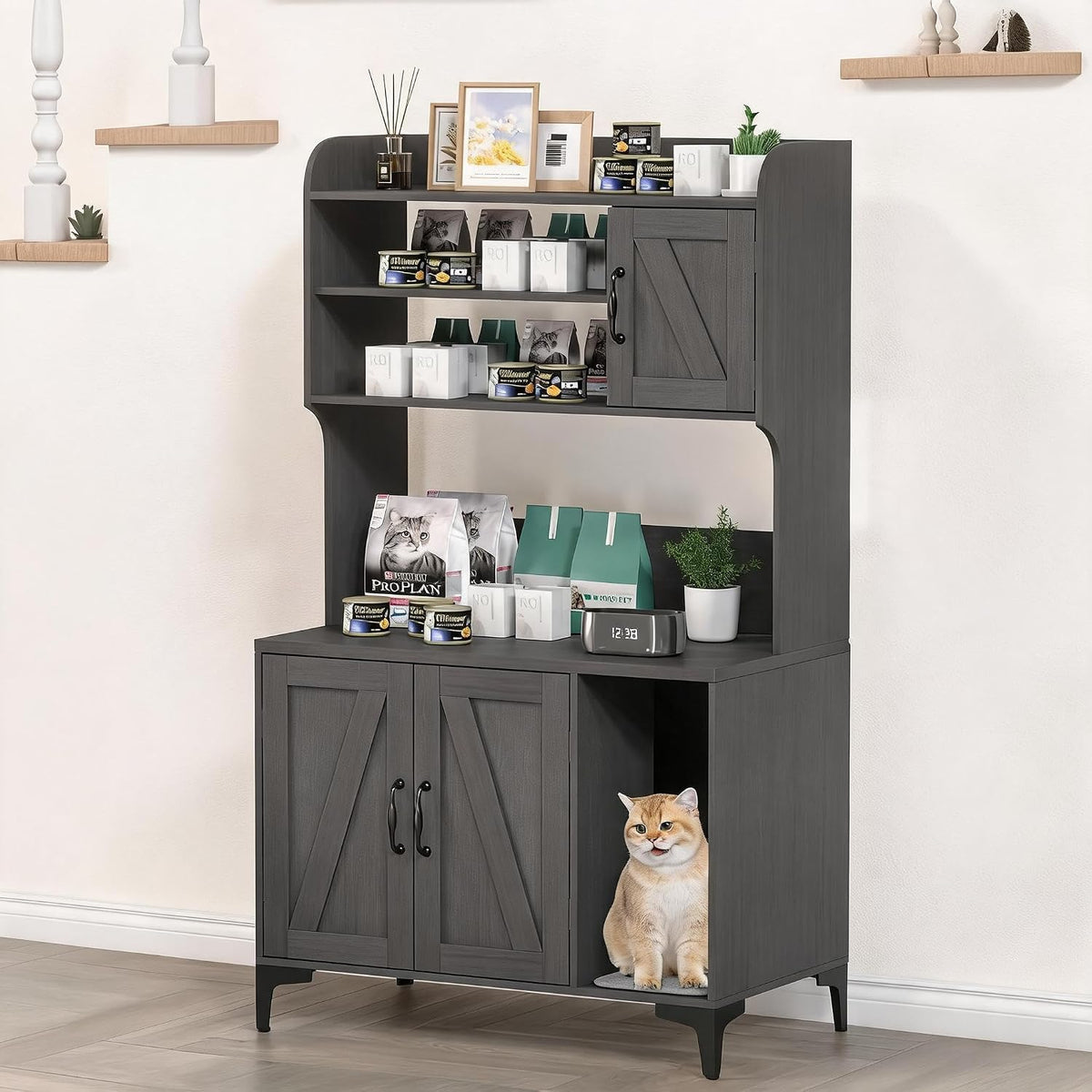 Tall Hidden Cat Litter Box Enclosure Cabinet - 4-Tier Storage Shelves, 2-Door Wood Cat Washroom Furniture, Indoor Cat Ho