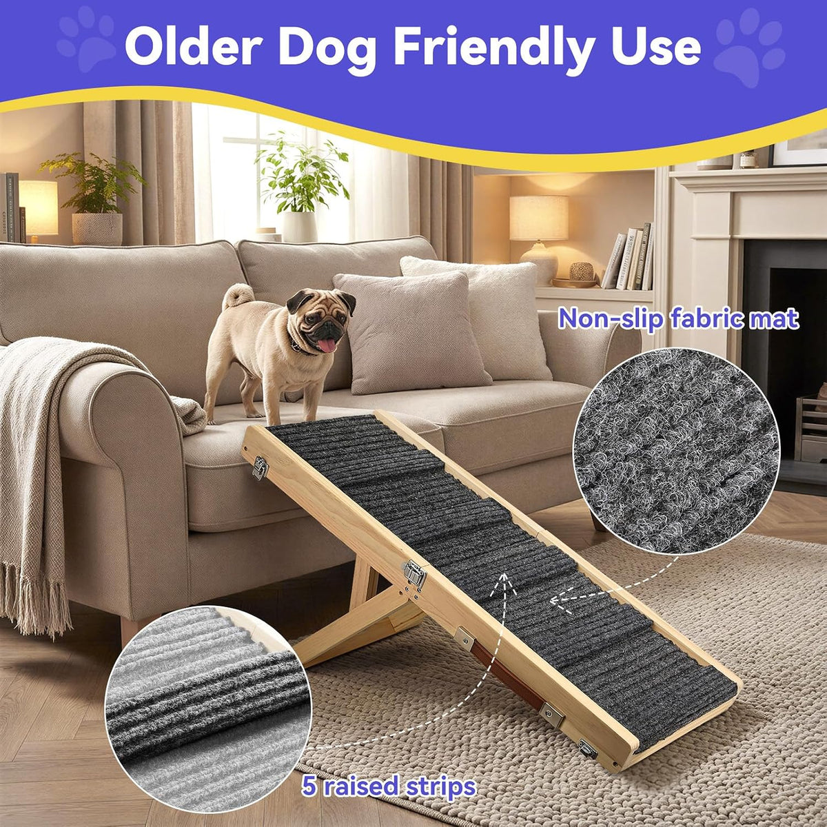 Pawaboo 2026 Upgraded Small Dog Ramp for Couch Foldable, 5 Ajustable Height
