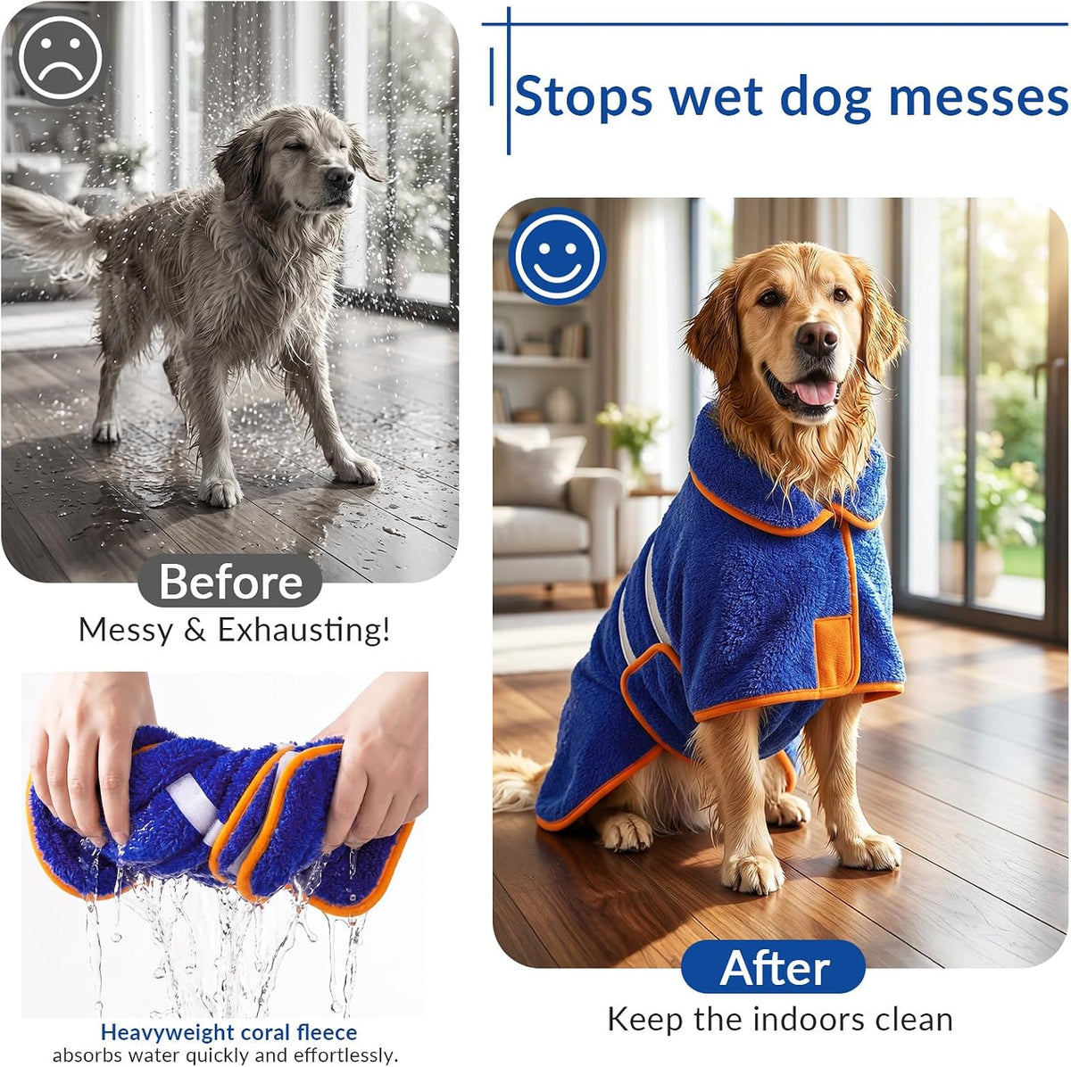Dog Bathrobe, Super Absorbent for Small to Large Dogs, Dark Blue XL