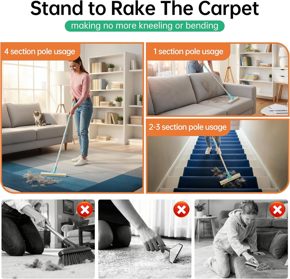 Carpet Rake for Pet Hair Removal Tool, 2 in 1 TPU and Copper Rake Teeth Uproot Clean Hair Remover with 63’’ Adjustable L