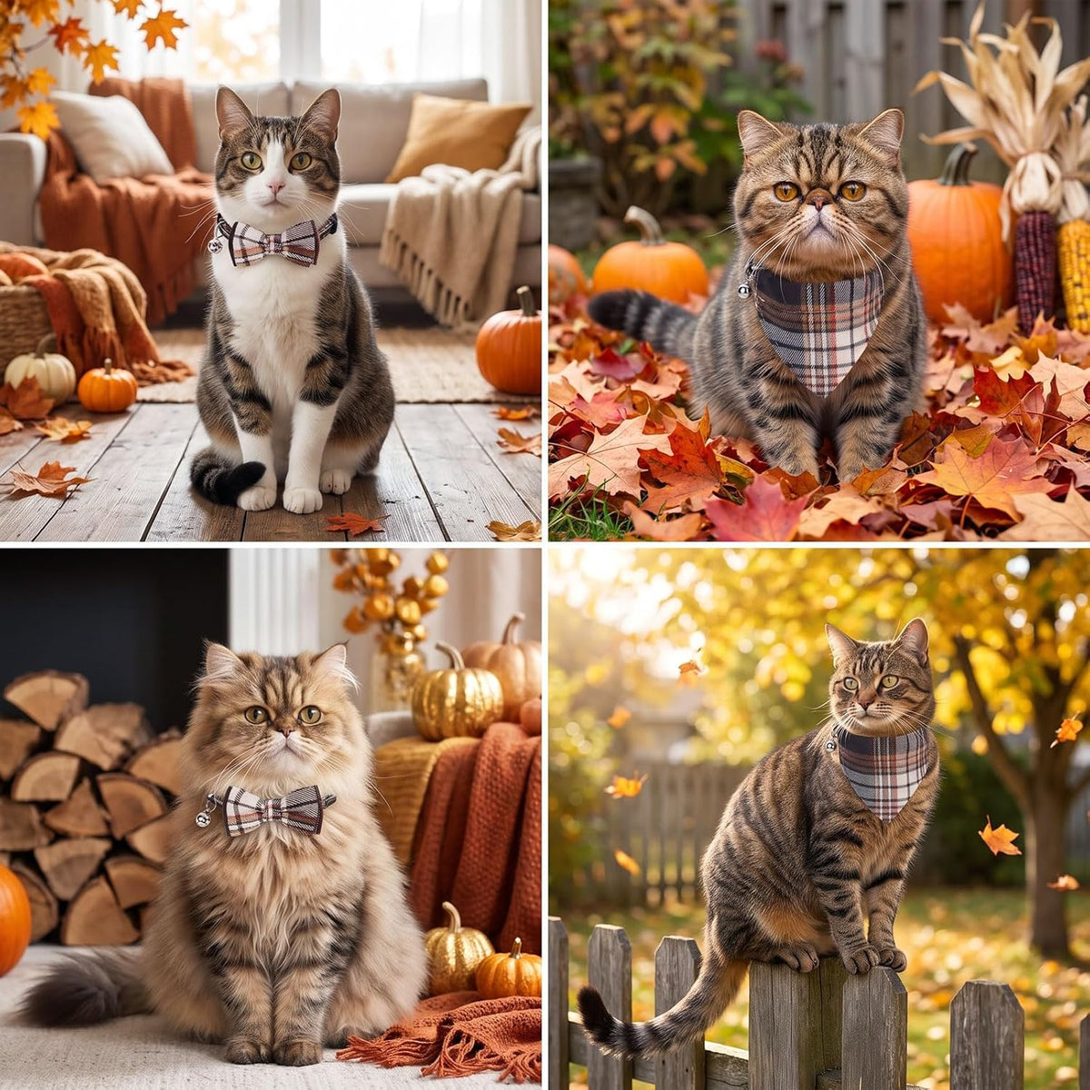 PTDECOR Fall Cat Collar with Bandana Bow, Thanksgiving Brown Plaid Collar