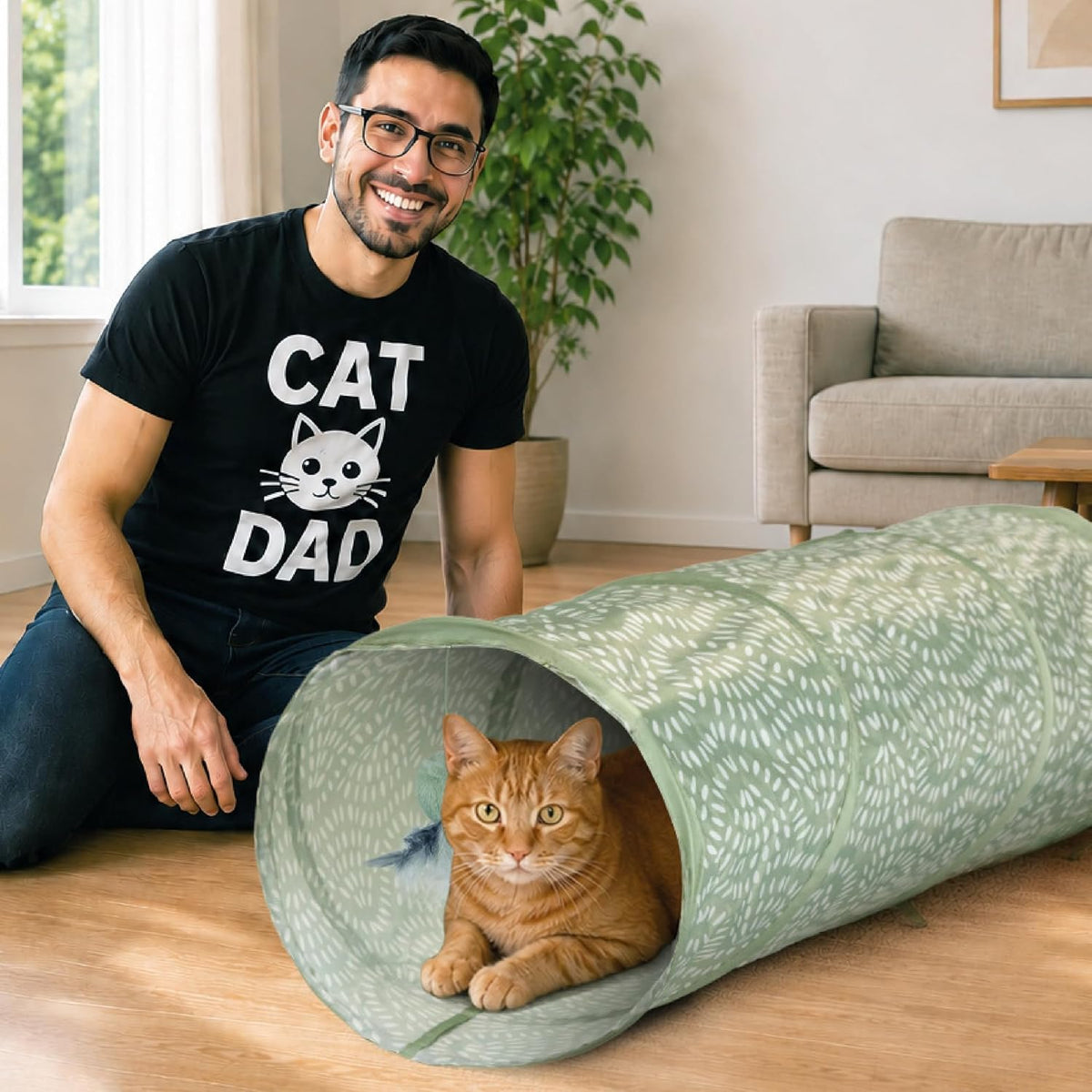 Catstages Sneak & Seek Collapsible Cat Tunnel Toy, Sage Swirl Dots, 28”