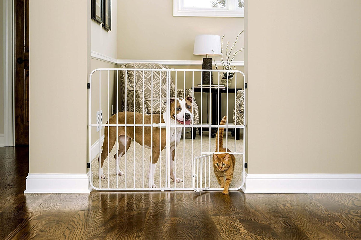 Carlson Pet Products Tuffy Metal Expandable Pet Gate, Includes Small Pet Door, 24 x 22-38 Inch, White