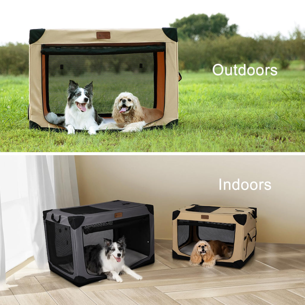 Garnpet 36 Inch Collapsible Soft Dog Crate for Large Dogs, 4-Door Foldable Travel Dog Kennel with Durable Mesh Windows for Indoor & Outdoor Portable Pet Crate, Soft Side Dog Crate, Beige
