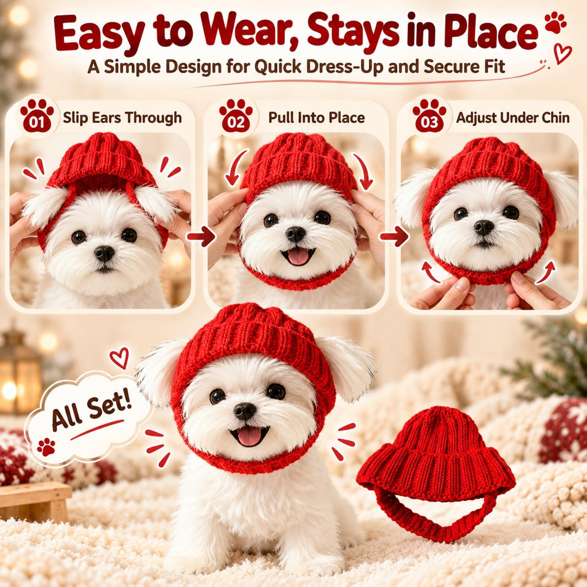 Dog Beanie Hat with Ear Holes, Purple Knitted Winter Cap for Small Pets