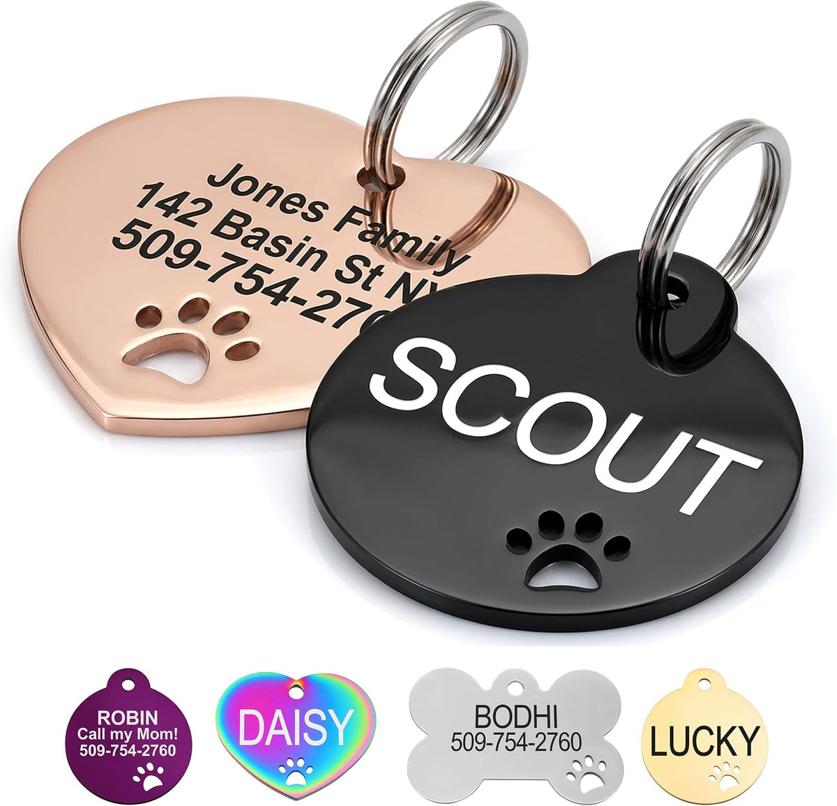 GoTags Personalized Steel Dog Tags - Engraved Bone Pet ID Tag with Paw